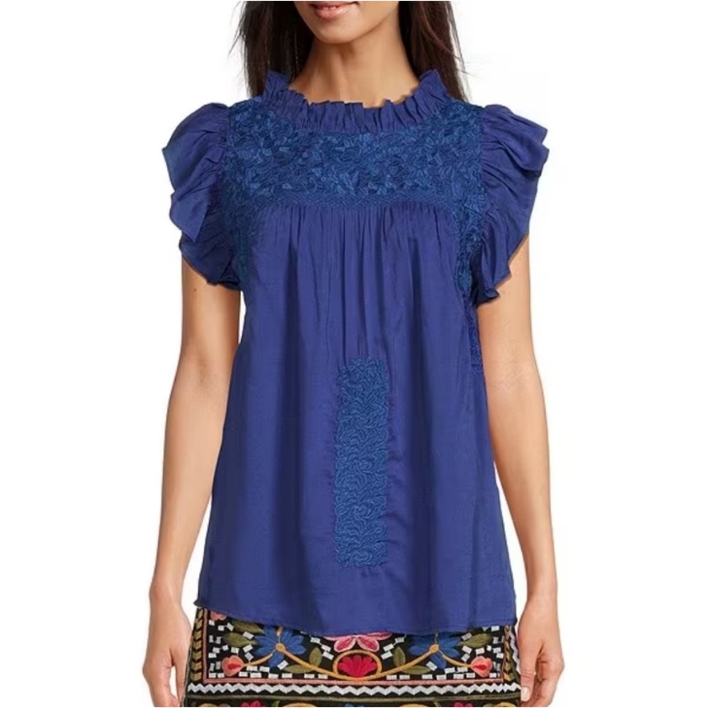 J. Marie Woven Embroidered Cap Sleeve Ruffled Trim Blue Top NWOT XS
